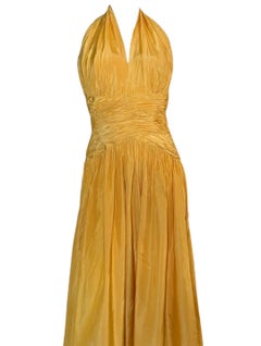 Late 1950s Tangerine Mustard Ruched Halter Ballgown - Size 4