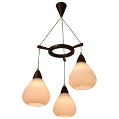 Late 1950s Teak Wood and Milk Glass Tripod Pendant, Scandinavian Modern Style