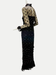 Late 1960s Black Maxi Dress w/ Rhinestone Dotted Tulle Overlay & Ruffle Detail