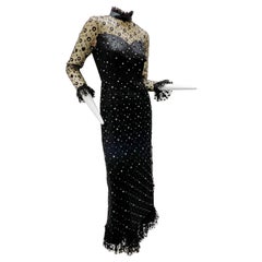 Late 1960s Black Maxi Dress w/ Rhinestone Dotted Tulle Overlay & Ruffle Detail