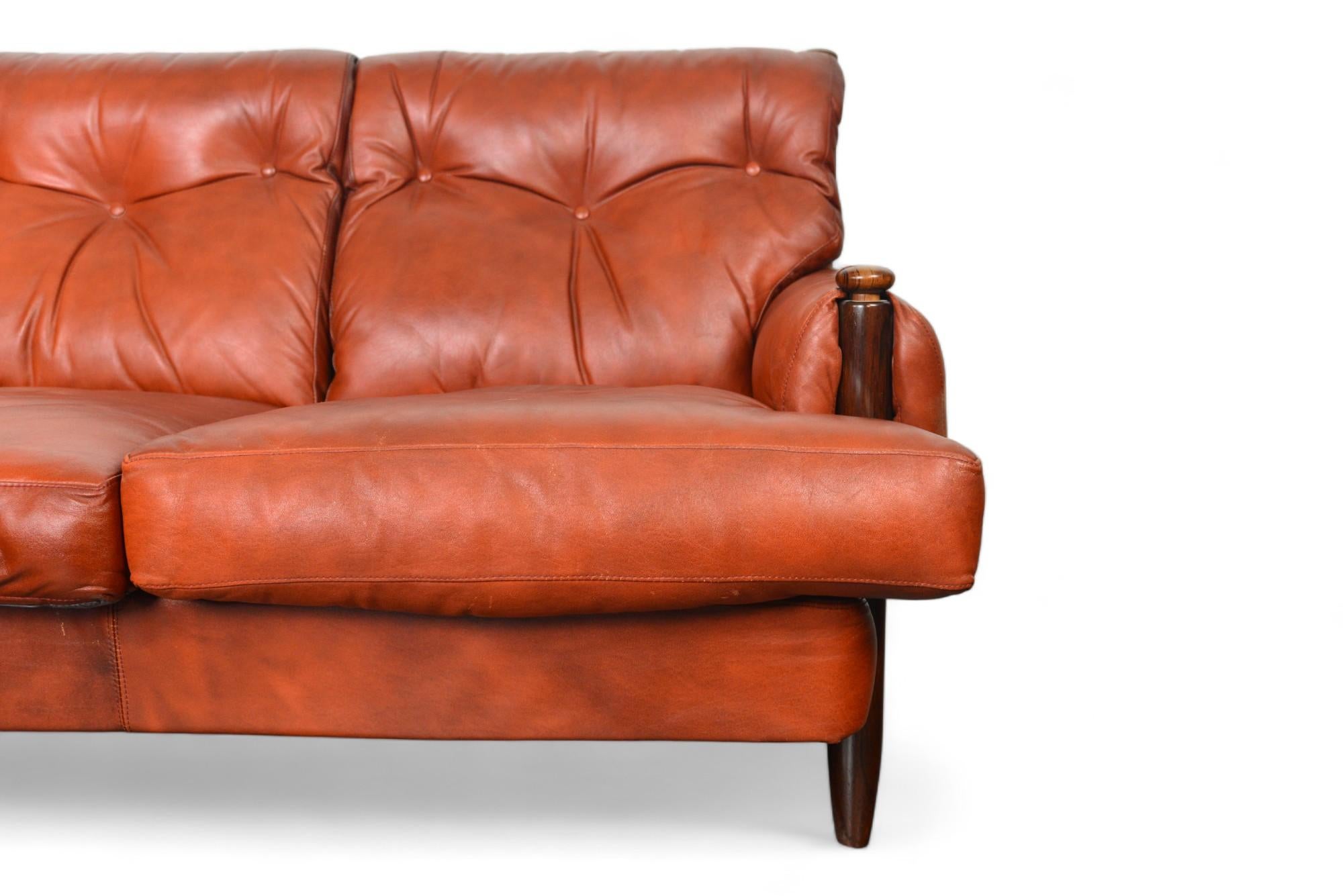 Mid-Century Modern Late 1960s Danish Solid Rosewood + Rust Leather Three Seat Sofa