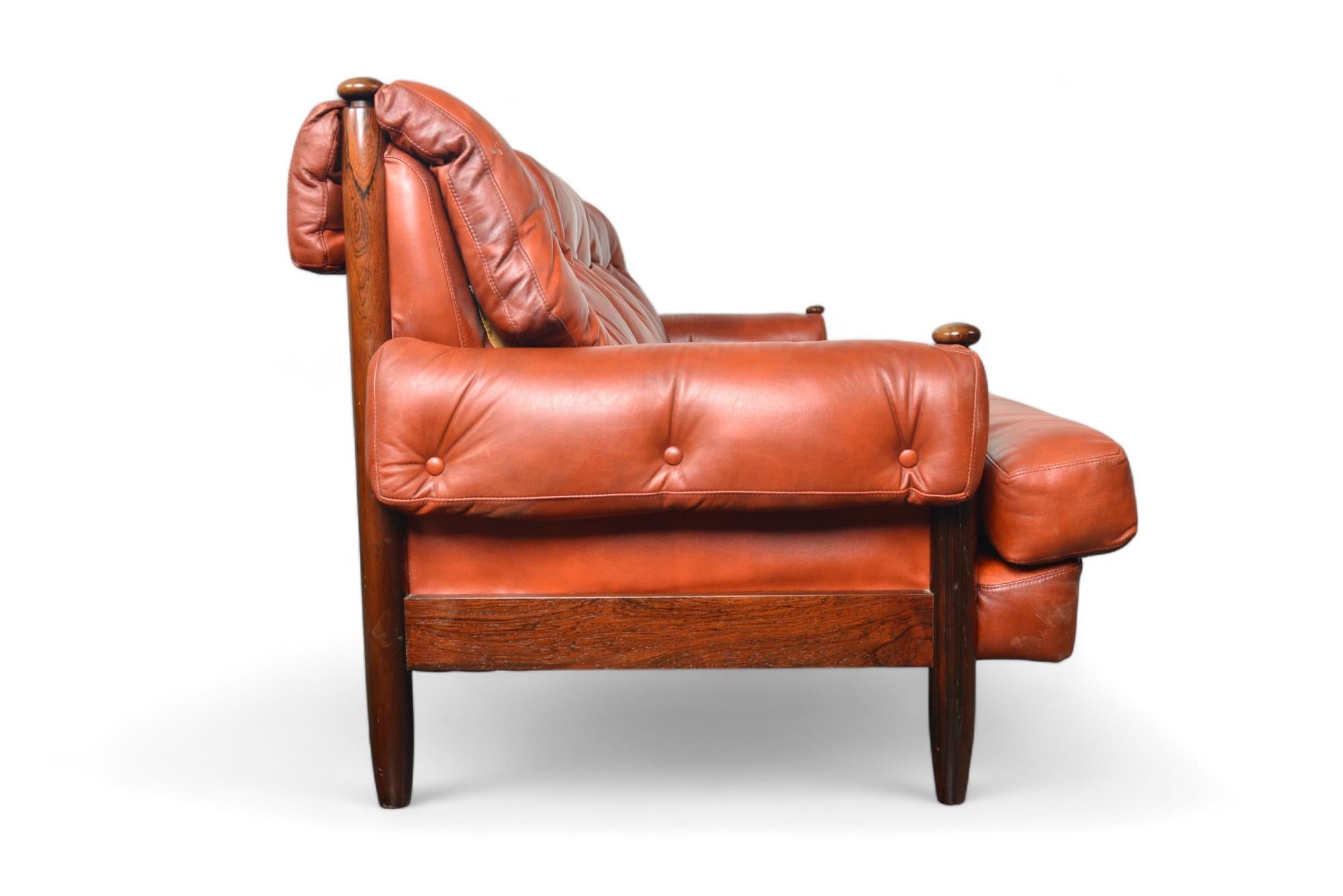 Late 1960s Danish Solid Rosewood + Rust Leather Three Seat Sofa 1