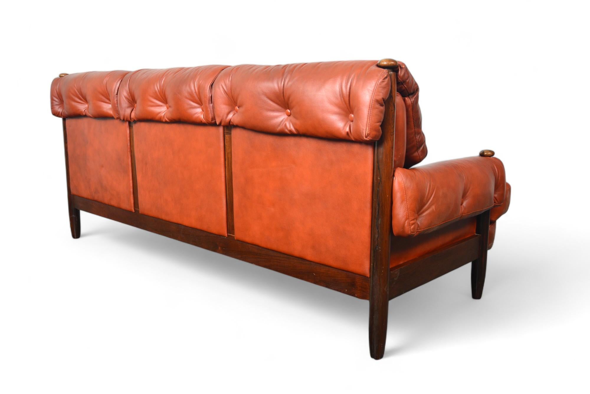 Late 1960s Danish Solid Rosewood + Rust Leather Three Seat Sofa For Sale 3