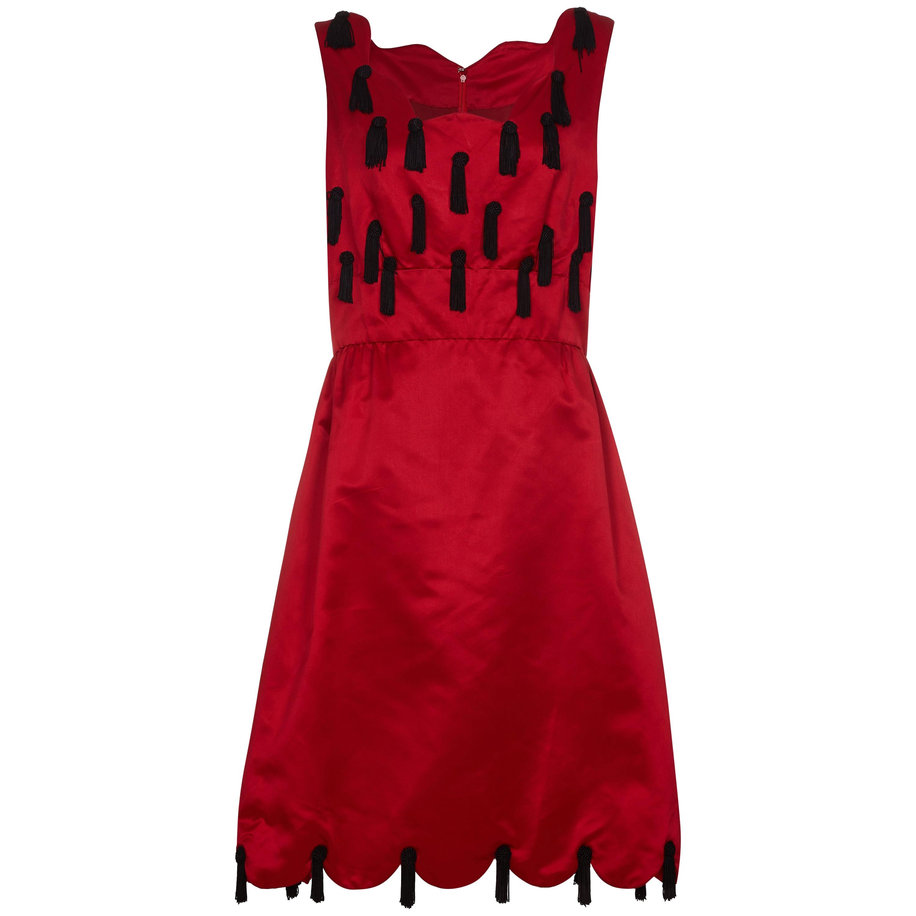 Late 1960s or 1970 Jo Copeland for Lisa Meril Red Silk Tassel Dress For Sale
