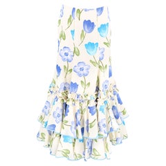 Late 1970s - 1980s Romantic Watercolor Floral Drop-Waist Tiered Crepe Maxi Skirt