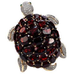 Late 1970s Diamond Garnet Emerald 18 Karat Gold Turtle Large Brooch Pin