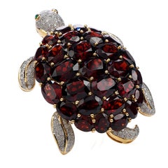 Late 1970s Diamond Garnet Emerald 18 Karat Gold Turtle Large Brooch Pin