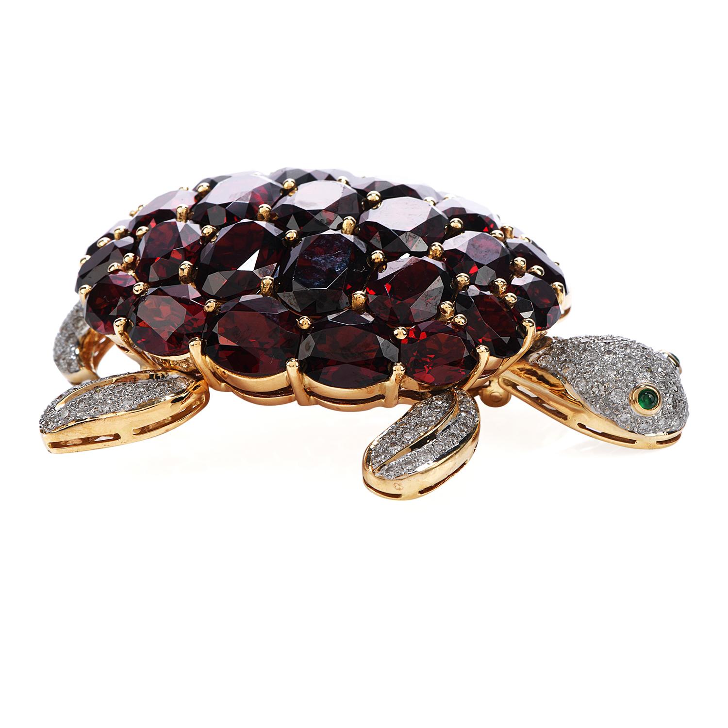 Retro Late 1970s Diamond Garnet Emerald 18 Karat Gold Turtle Large Brooch Pin