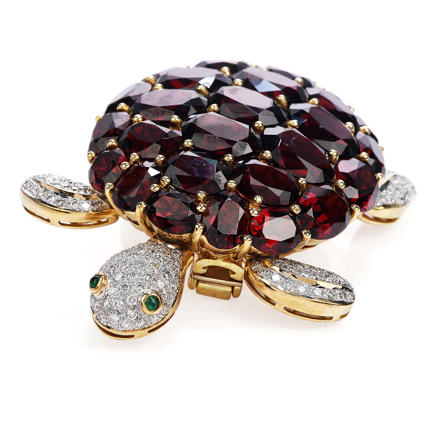Women's Late 1970s Diamond Garnet Emerald 18 Karat Gold Turtle Large Brooch Pin