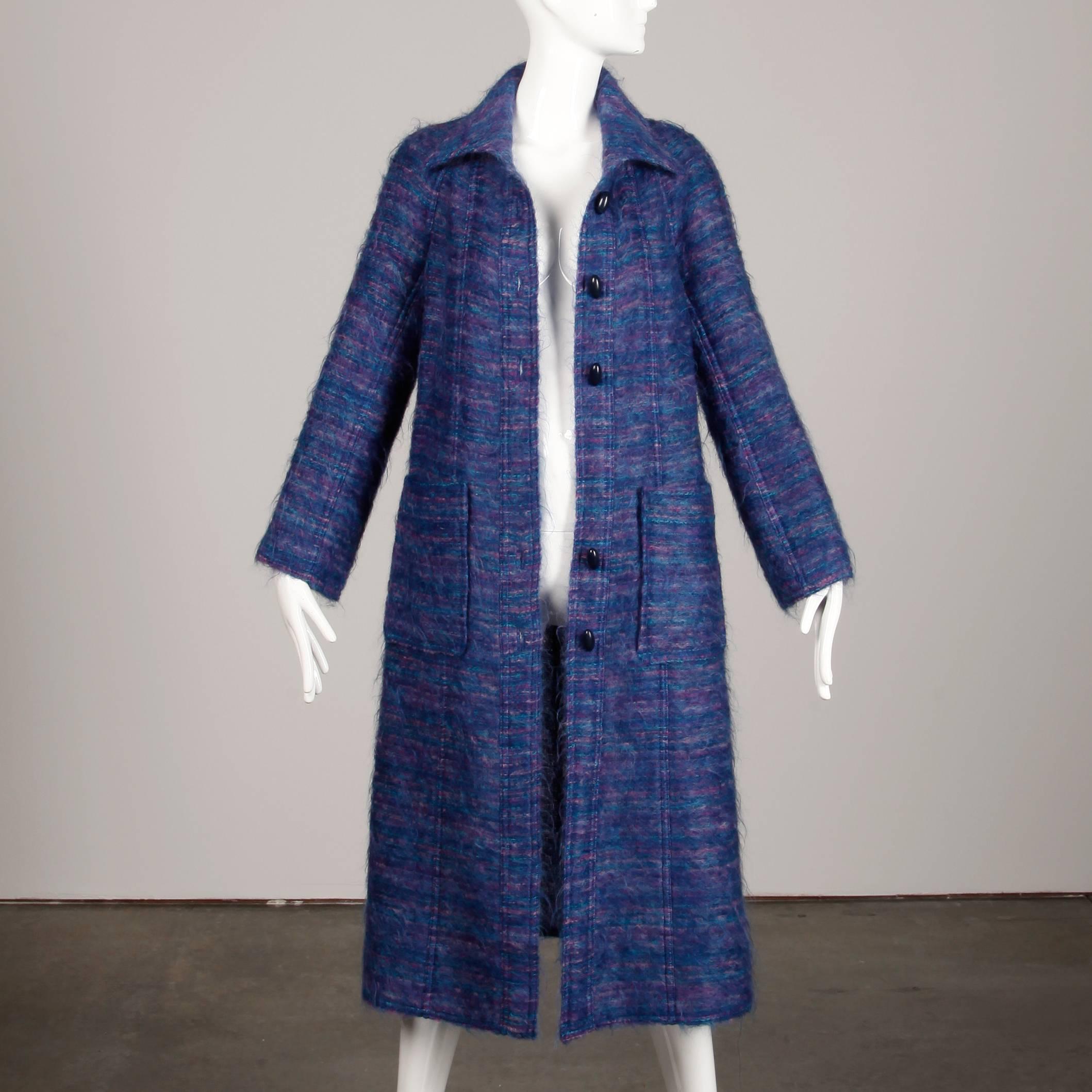 Women's Late 1970s/ Early 1980s Bernard Perris Vintage Purple + Blue Mohair Trench Coat For Sale
