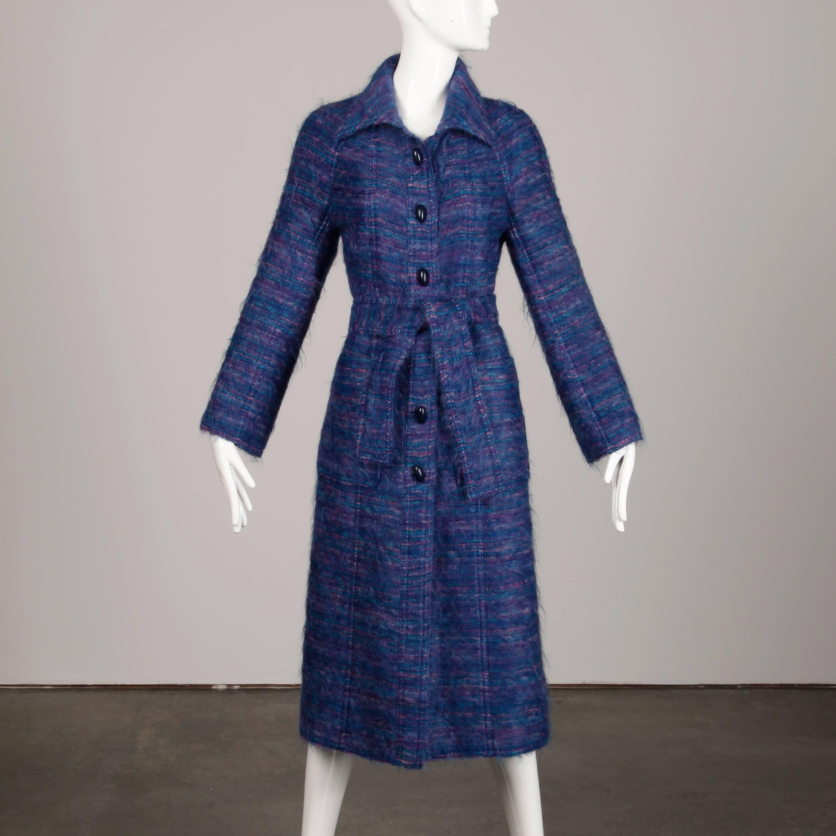 Late 1970s/ Early 1980s Bernard Perris Vintage Purple + Blue Mohair Trench Coat For Sale 2