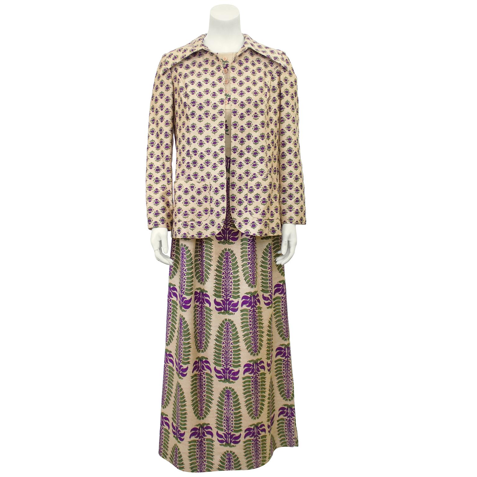 Late 1970s Lanvin Raw Shantung Bagh Printed Dress and Jacket In Good Condition In Toronto, Ontario