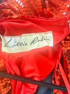 Late 1970s Lillie Rubin Red Sequin Halter Disco Glamour Evening Gown Maxi Dress