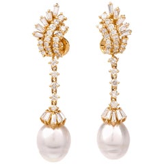 Late 1970s Pearl Baguette Diamond Gold Drop Dangle Pendant Earrings