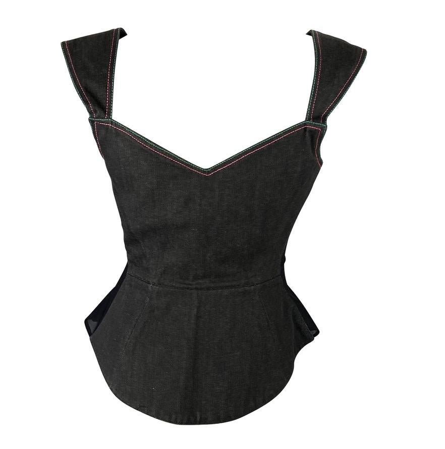 Noir Thierry Mugler, bustier corset en maille de jean, fin des années 1970 en vente