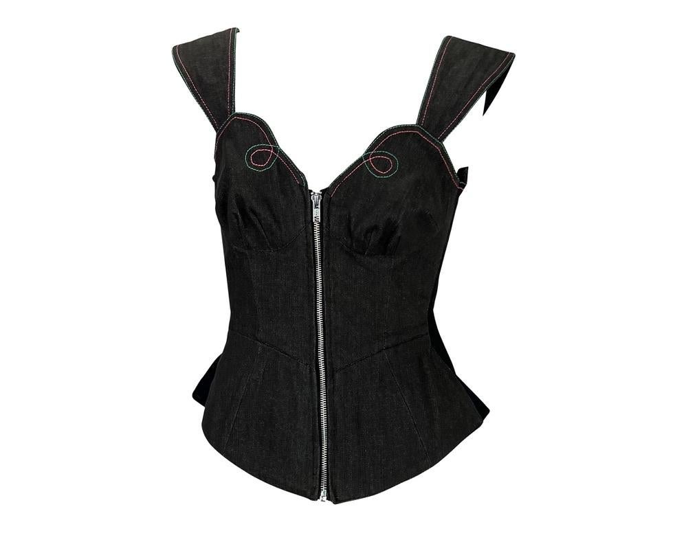 Black Late 1970s Thierry Mugler Denim Mesh Corset Bustier Top For Sale
