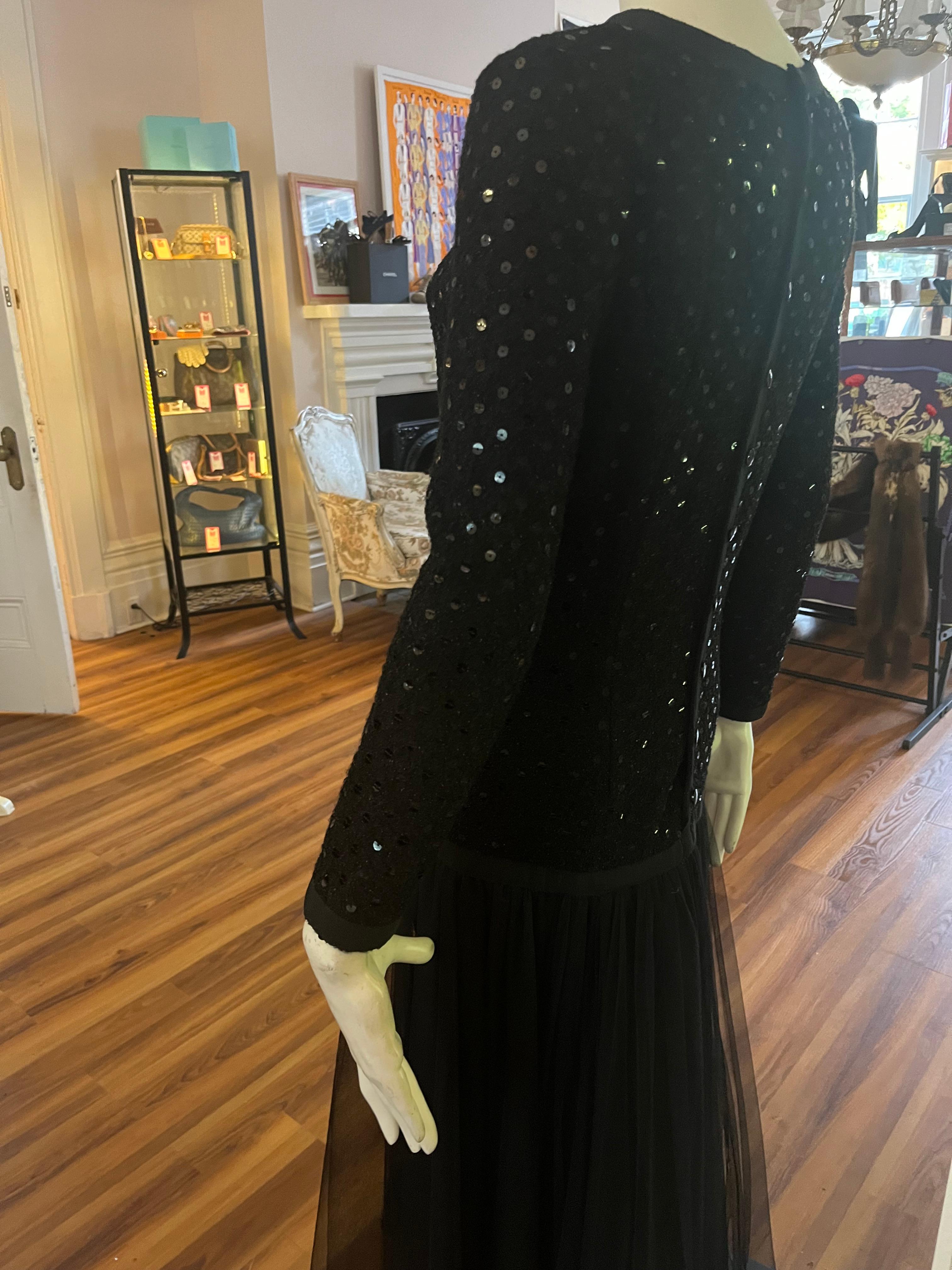 Late 1980s Chanel Black Sequin and Tulle Gown  In Excellent Condition For Sale In Port Hope, ON