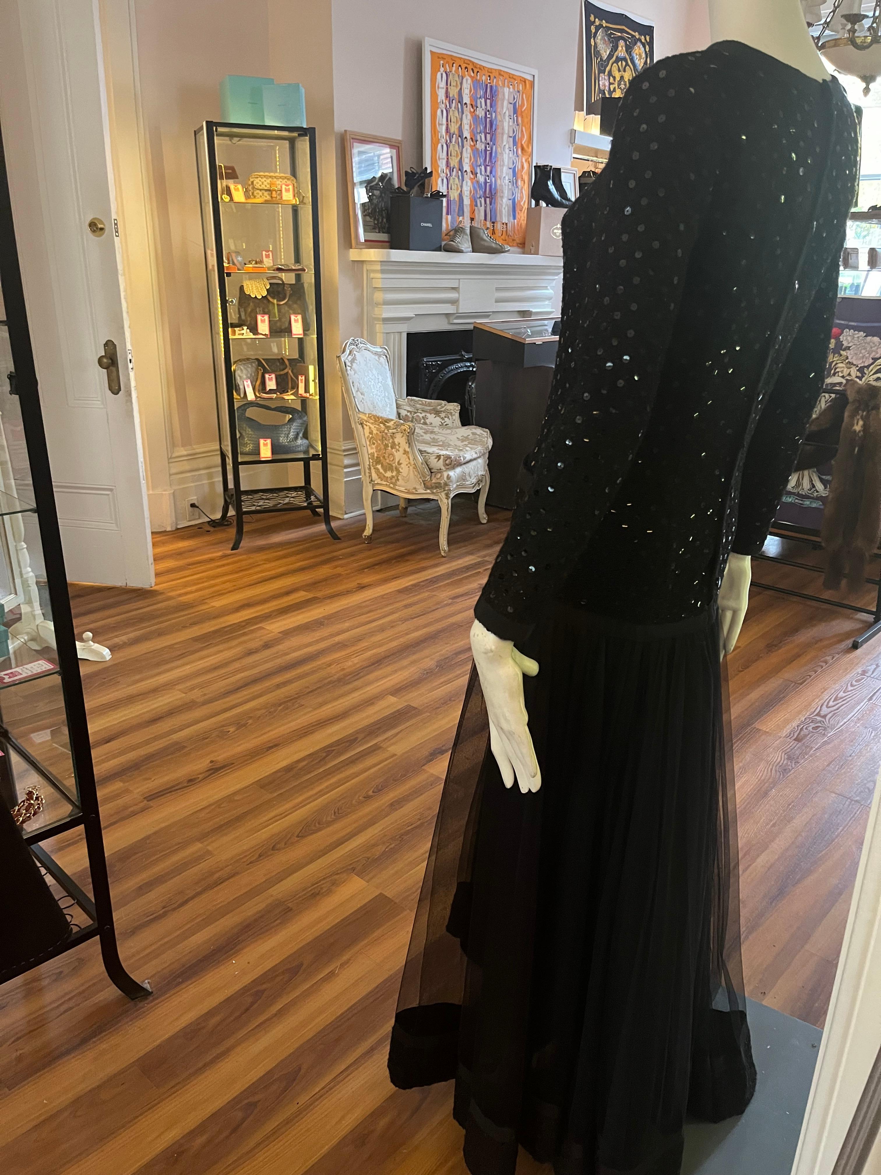 Women's Late 1980s Chanel Black Sequin and Tulle Gown  For Sale