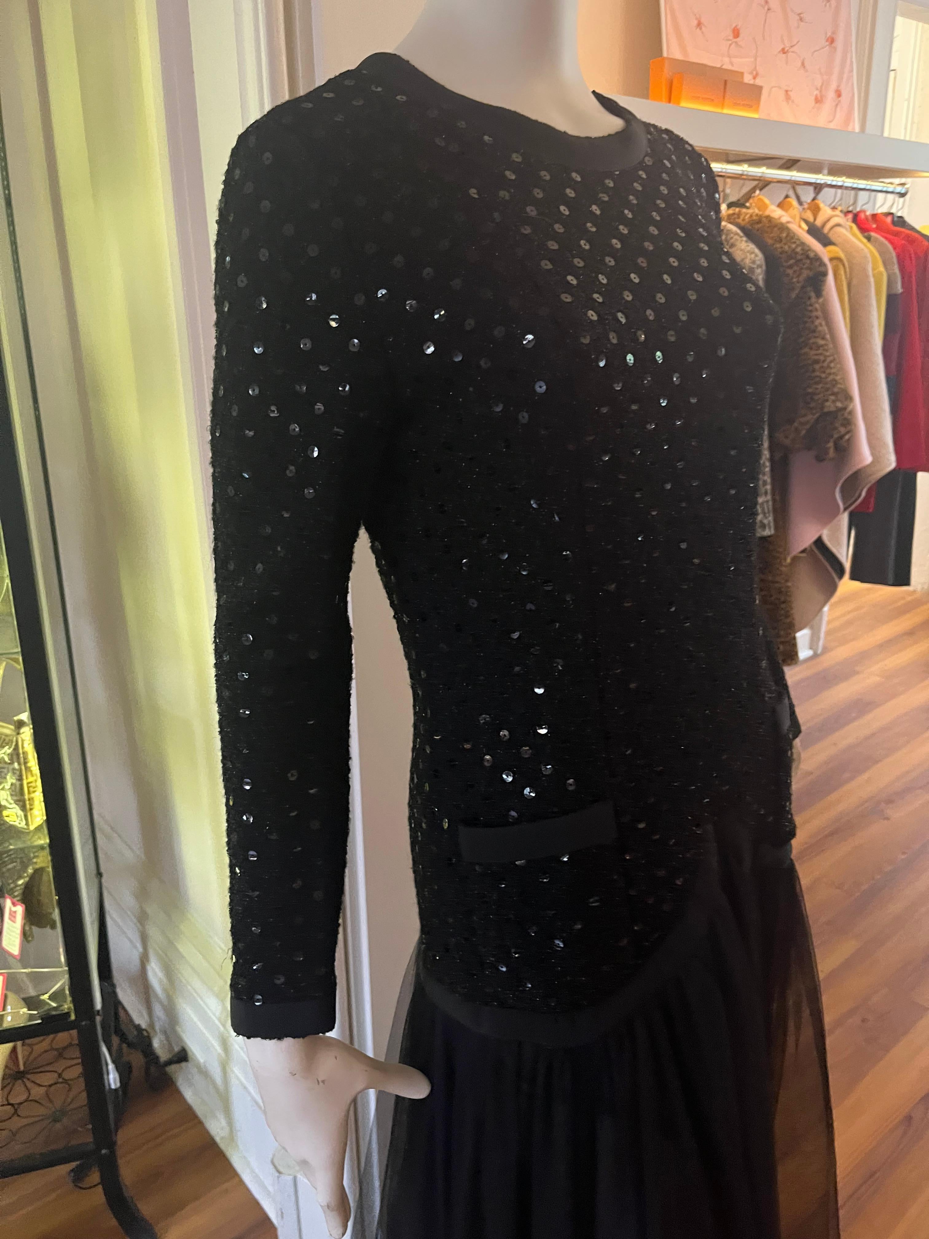 Late 1980s Chanel Black Sequin and Tulle Gown  For Sale 5