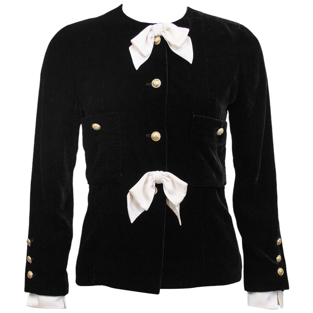 Late 1980's Chanel Black Velvet Jacket with Cream Satin Bows 