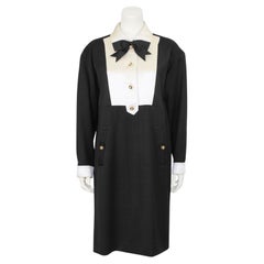 Late 1980s Chanel Black Wool and White Silk Tuxedo Dress