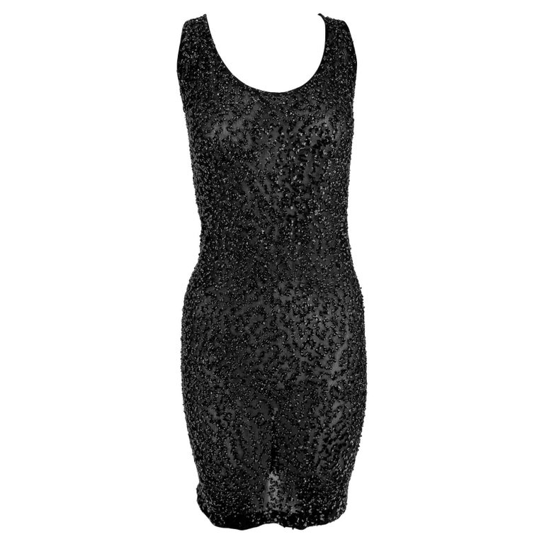 Late 1980s Donna Karan Sheer Black Stretch Knit Sequin Embellished Tank  Dress For Sale at 1stDibs