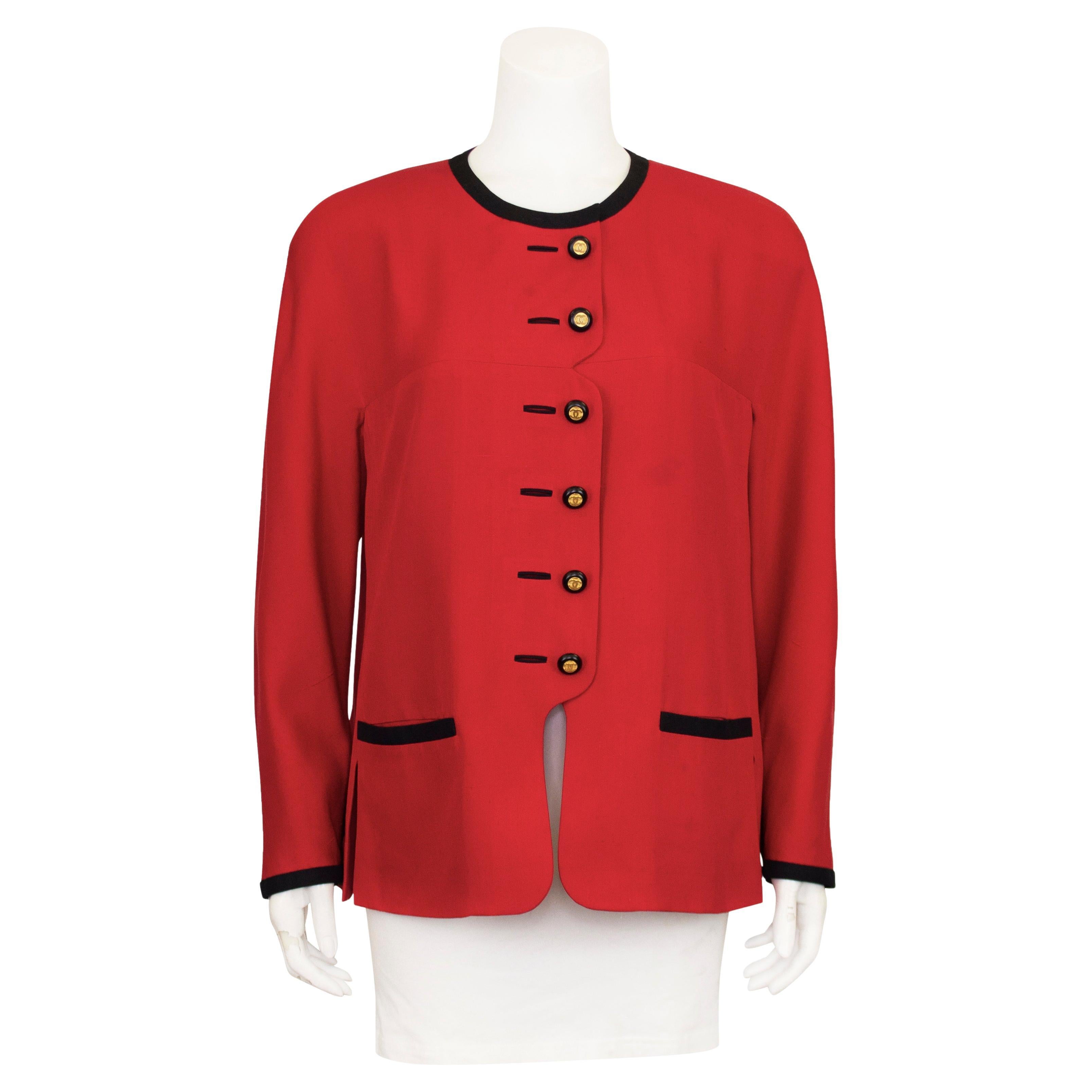 Late 1980s Early 1990s Chanel Red Shantung Silk Jacket For Sale