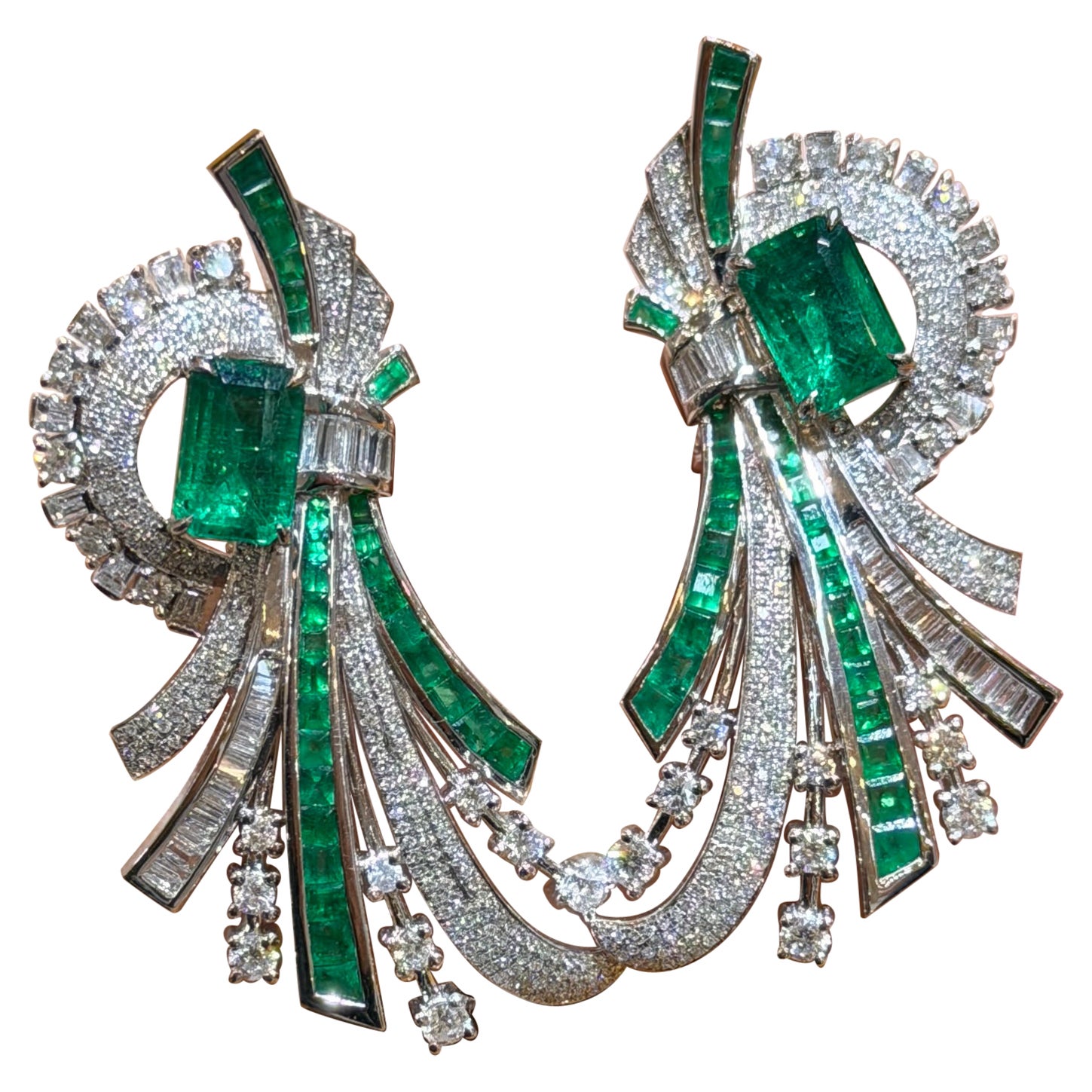 Late 1980s Emerald and Diamond Earrings in 18 Karat White Gold
