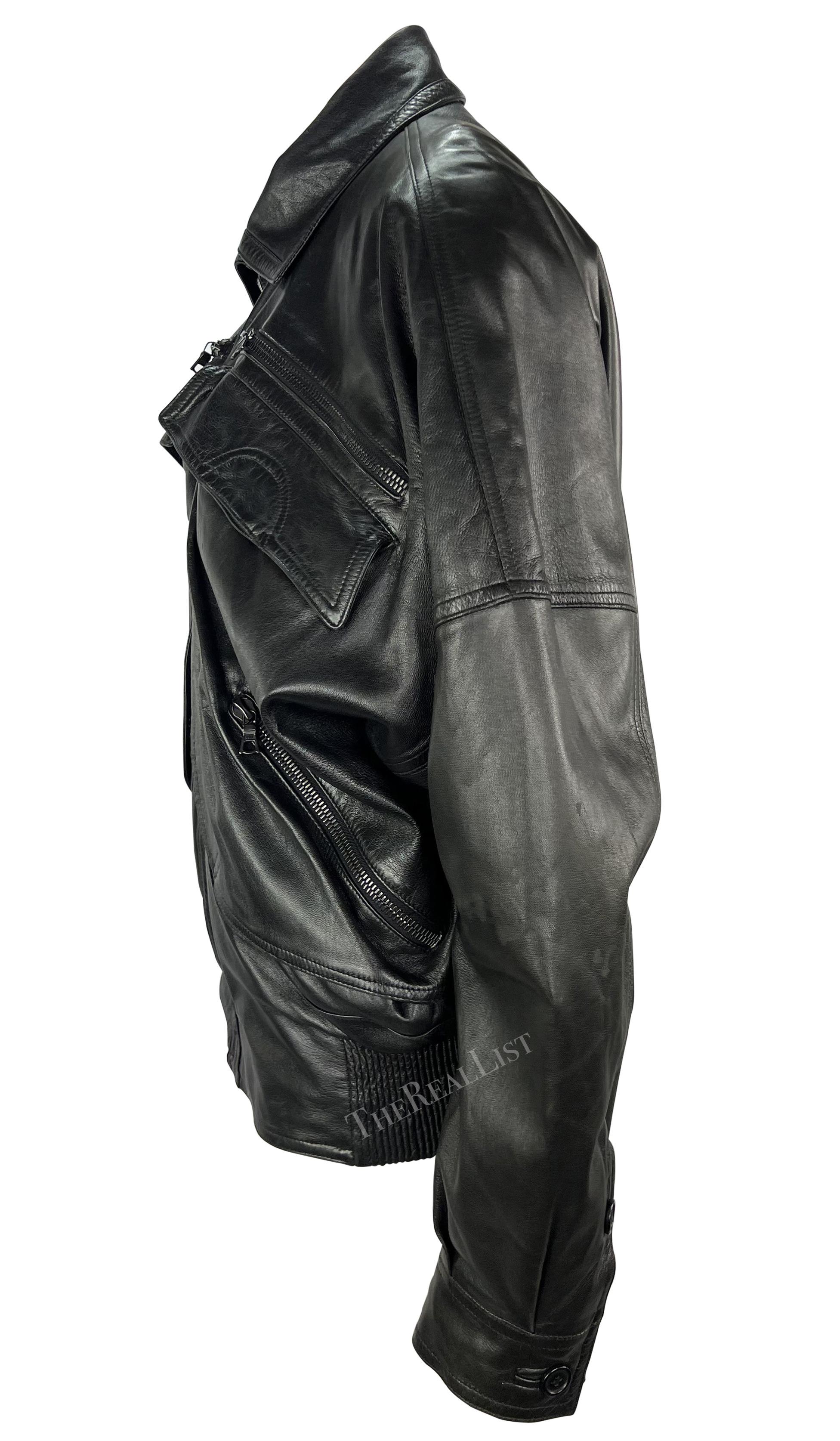 Late 1980s Gianni Versace Black Leather Oversized Mens Biker Jacket In Excellent Condition In West Hollywood, CA