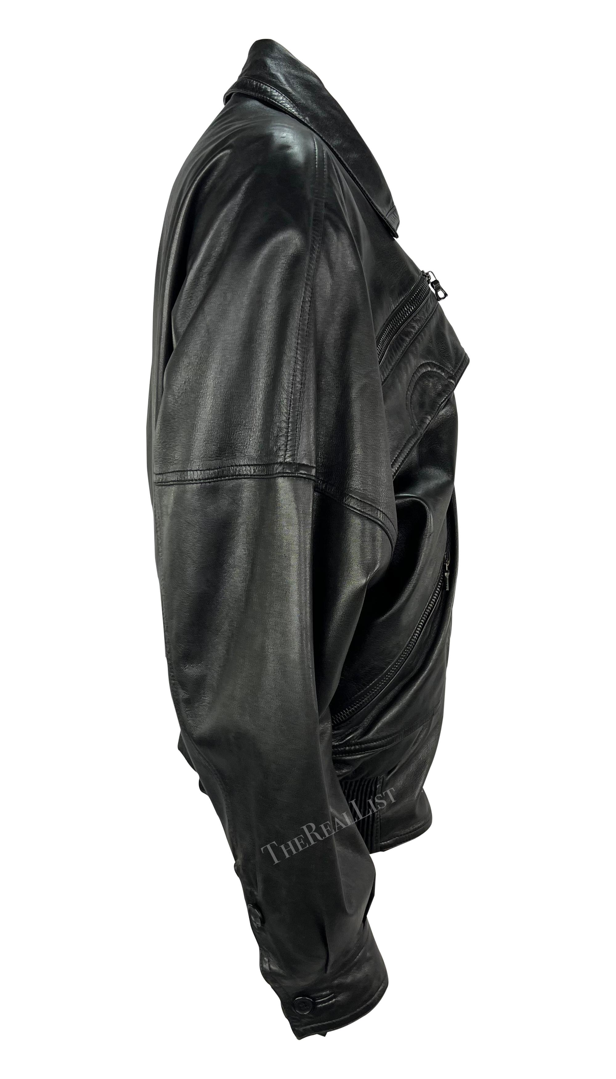 Late 1980s Gianni Versace Black Leather Oversized Mens Biker Jacket 1