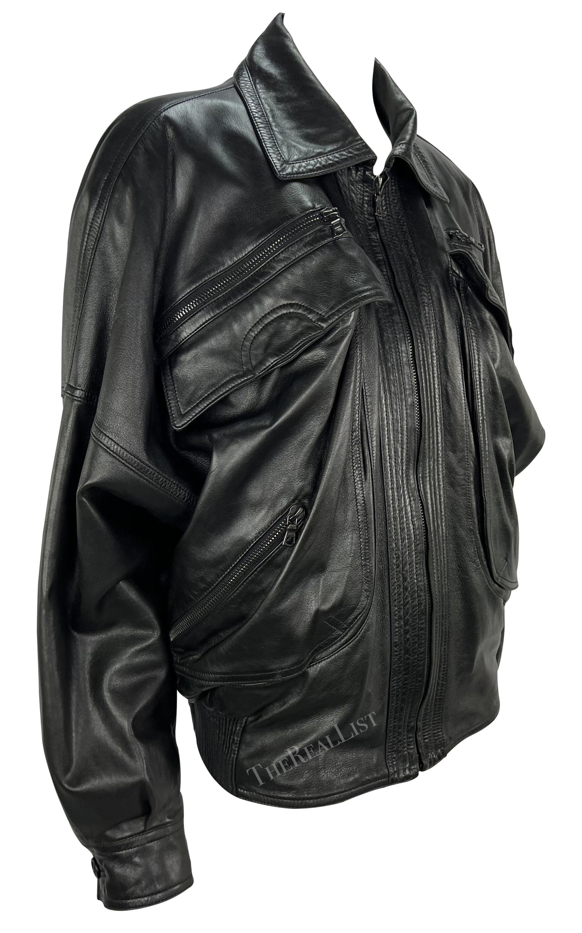 Late 1980s Gianni Versace Black Leather Oversized Mens Biker Jacket 2