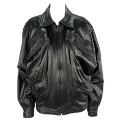 Late 1980s Gianni Versace Black Leather Oversized Mens Biker Jacket