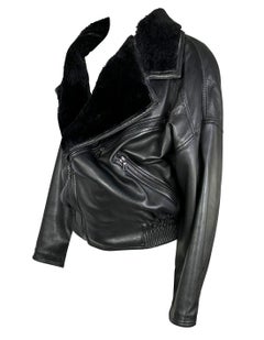 Gianni Versace Black Leather Oversized Shearling Trim Zip Moto Jacket