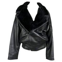 Vintage Gianni Versace Black Leather Oversized Shearling Trim Zip Moto Jacket
