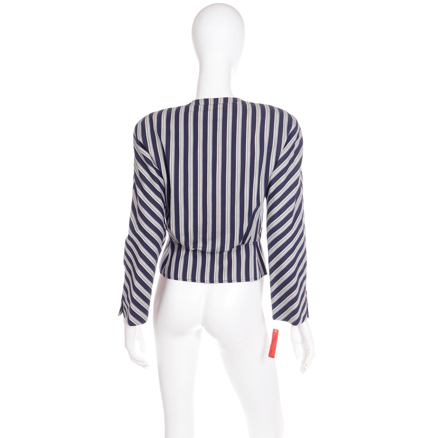 Women's Late 1980s Giorgio Armani Deadstock Blue & White Striped Cropped Jacket w Tags For Sale