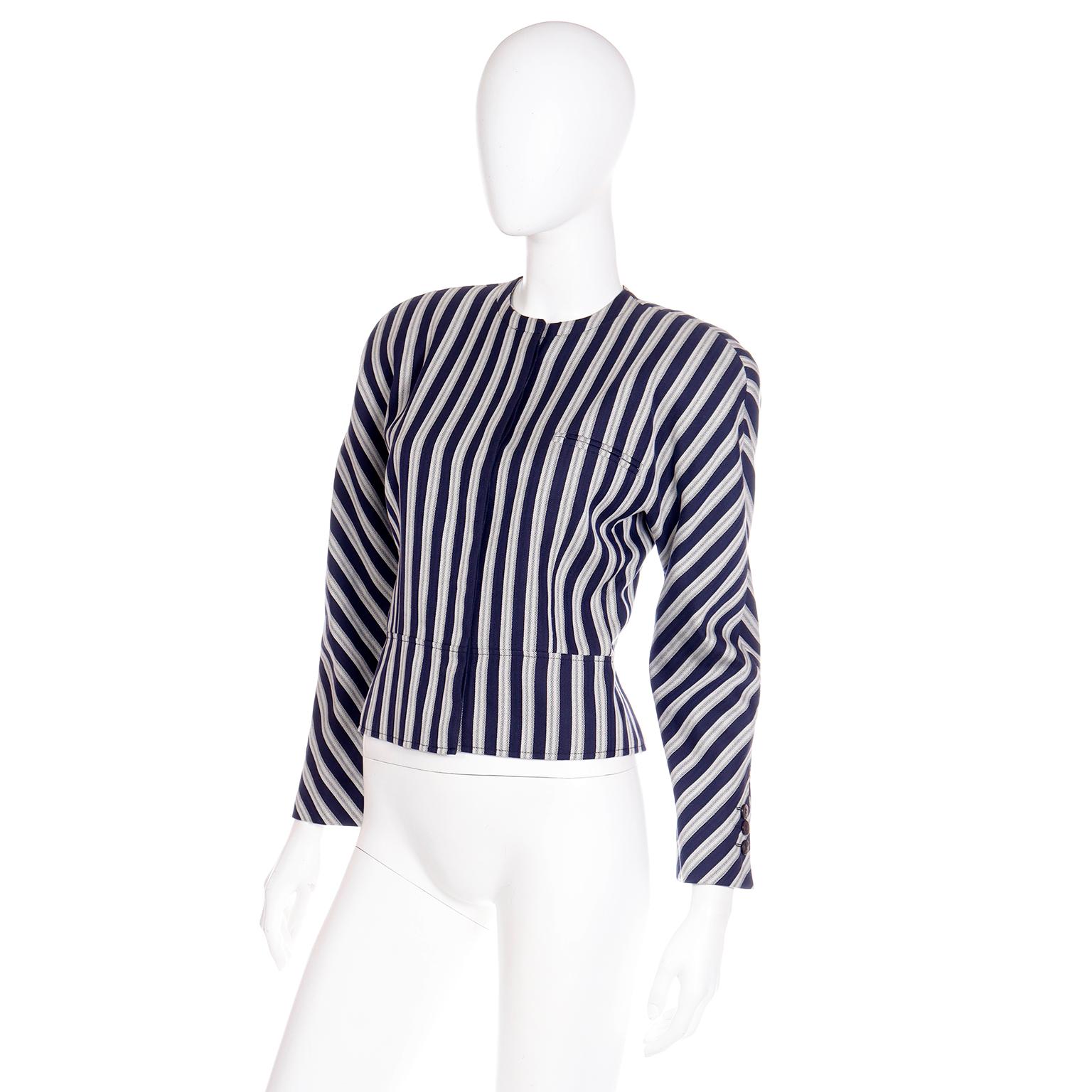 Late 1980s Giorgio Armani Deadstock Blue & White Striped Cropped Jacket w Tags For Sale 1