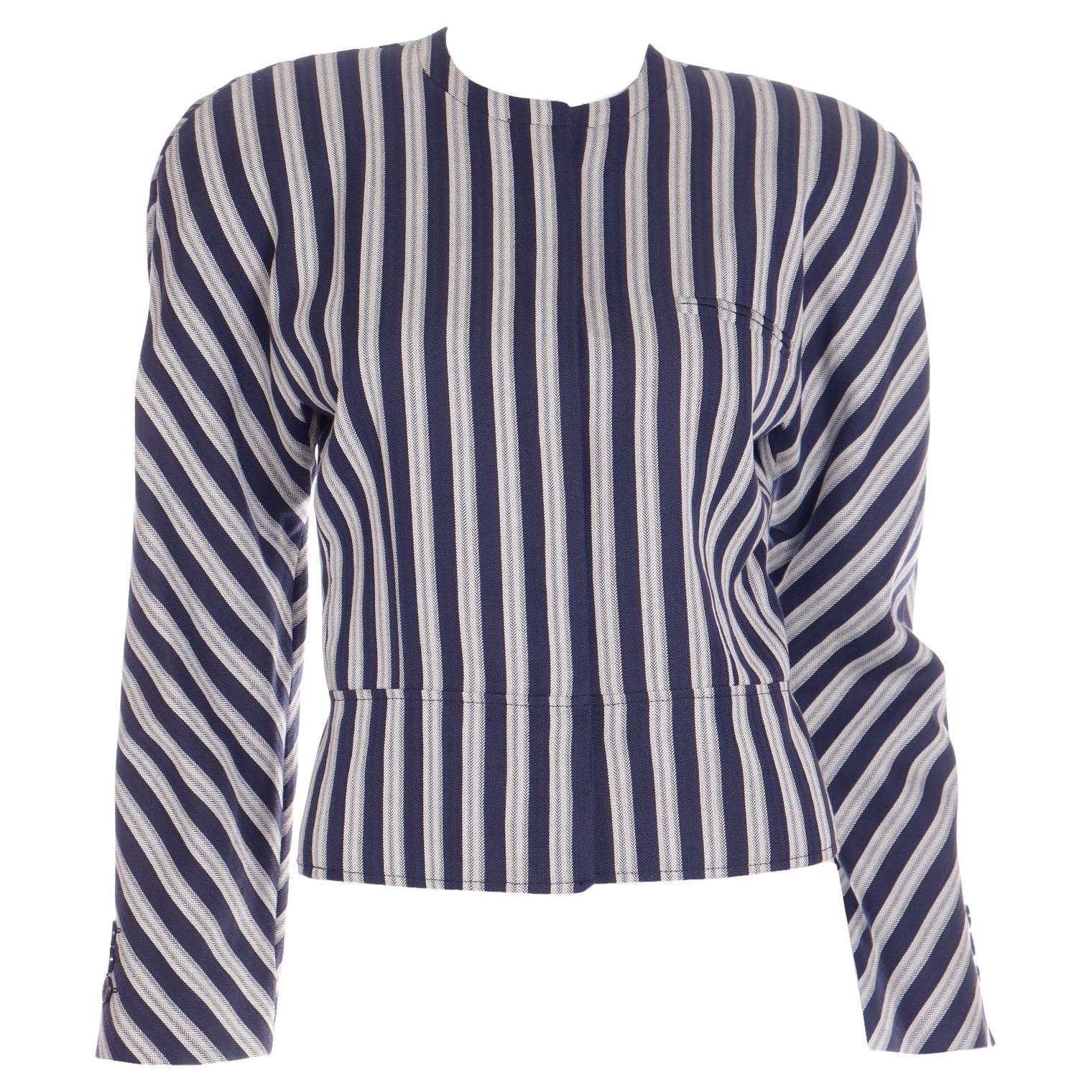 Late 1980s Giorgio Armani Deadstock Blue & White Striped Cropped Jacket w Tags For Sale