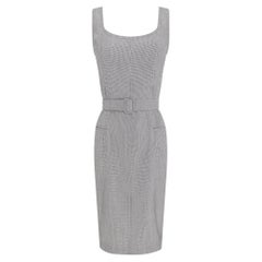 Late 1980s Jil Sander Houndstooth Wool Silk Belted Sleeveless Pencil Dress