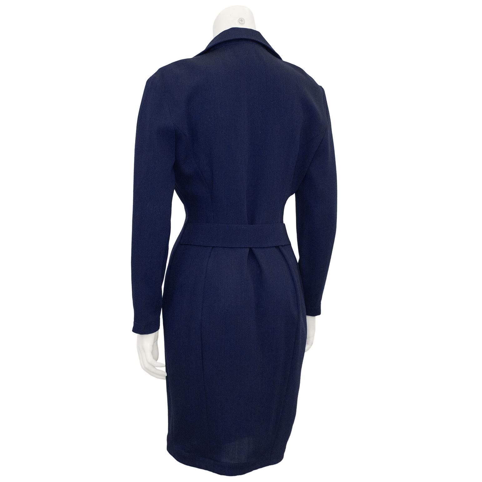 Late 1980s Thierry Mugler Navy Wool Double Breasted Coat Dress In Good Condition For Sale In Toronto, Ontario