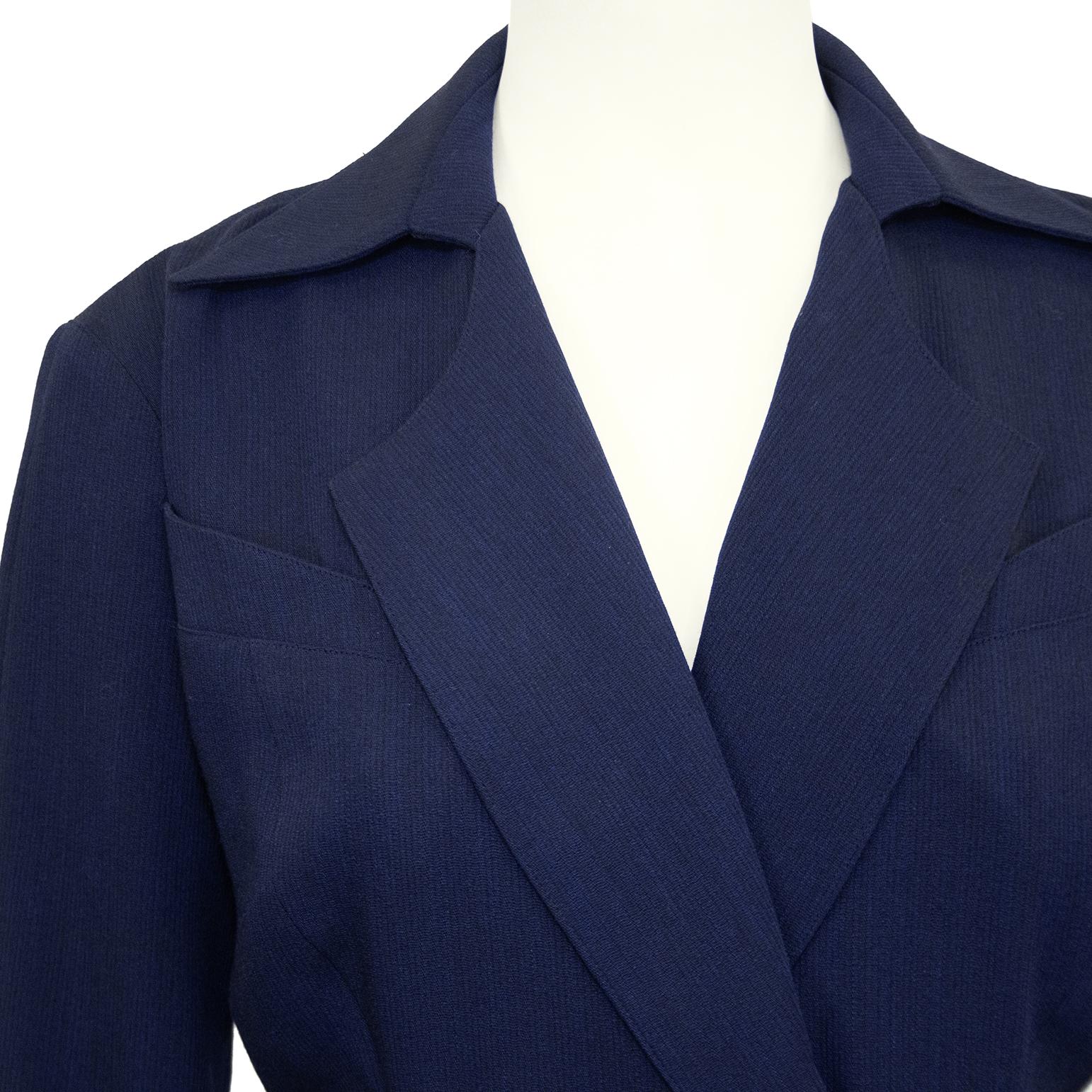 Late 1980s Thierry Mugler Navy Wool Double Breasted Coat Dress For Sale 1