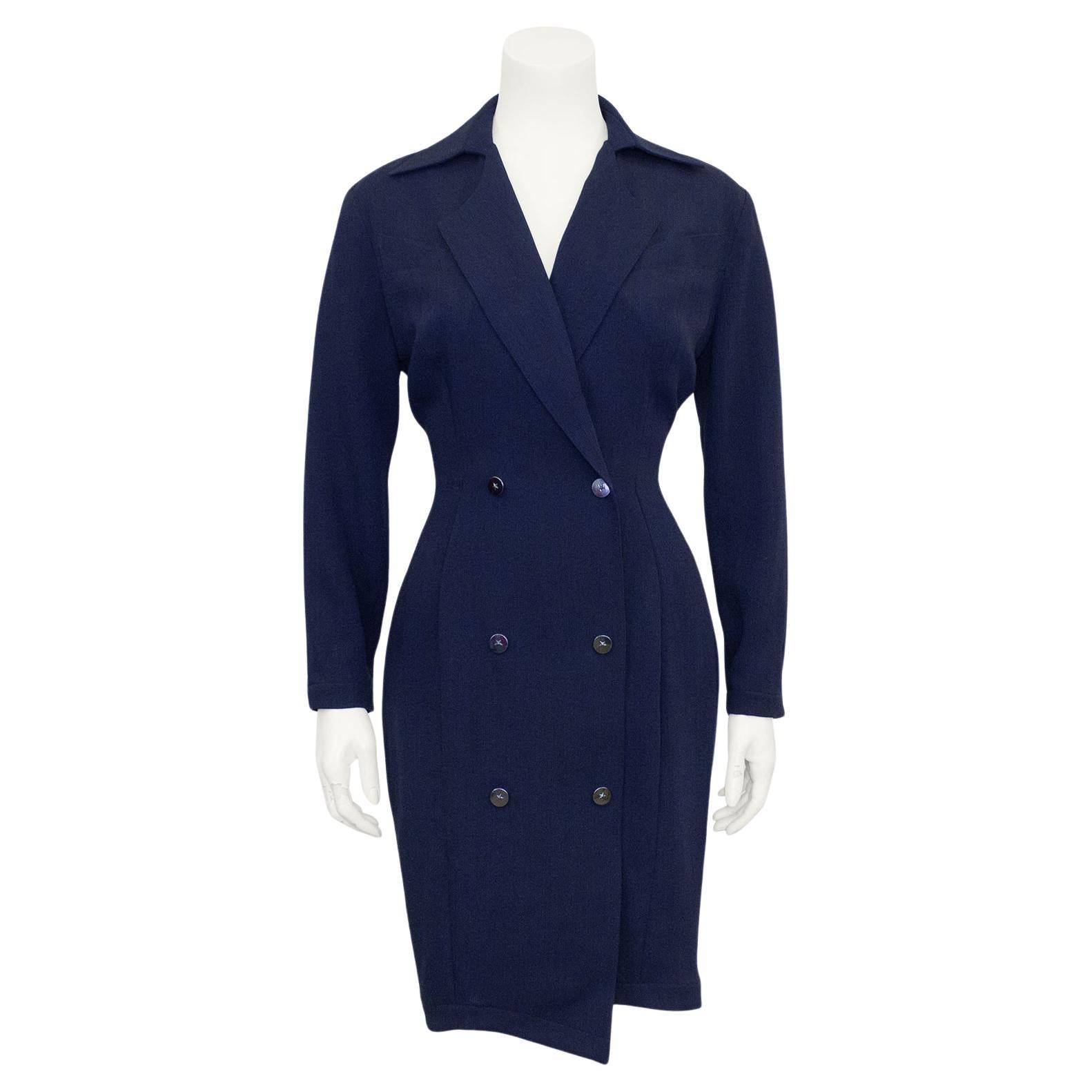 Late 1980s Thierry Mugler Navy Wool Double Breasted Coat Dress For Sale