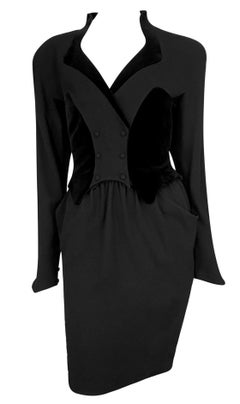 Late 1980s Thierry Mugler Sculptural Velvet Faux Skirt Suit Midi Dress