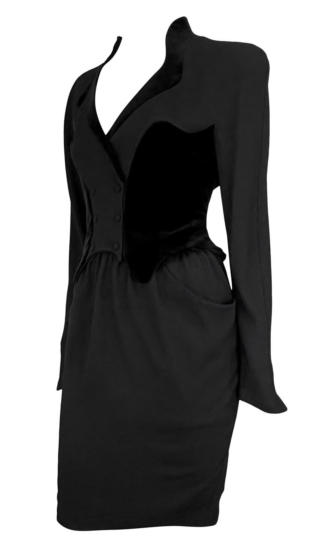 Black Late 1980s Thierry Mugler Sculptural Velvet Faux Skirt Suit Midi Dress For Sale