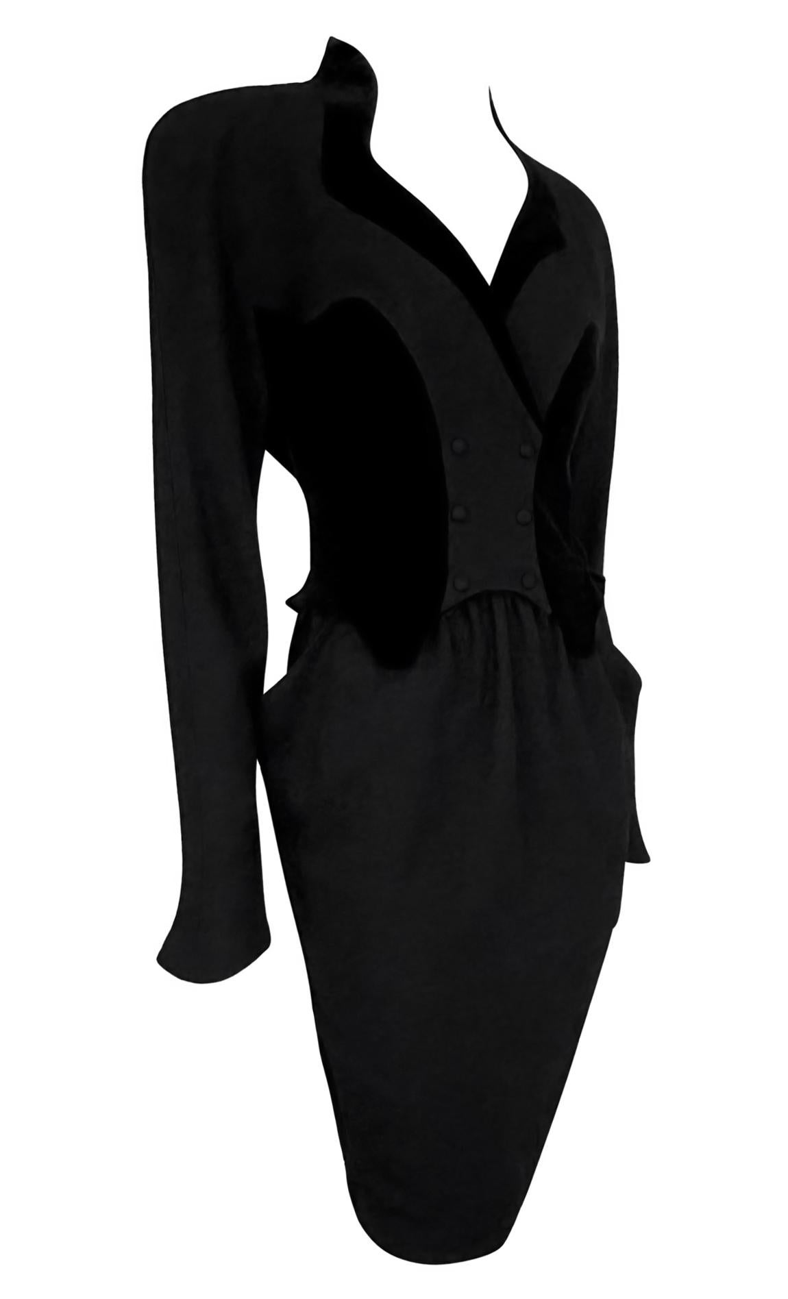 Late 1980s Thierry Mugler Sculptural Velvet Faux Skirt Suit Midi Dress For Sale 2