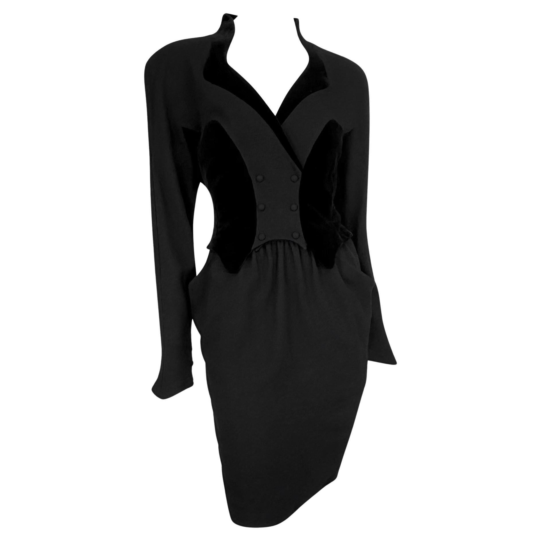Late 1980s Thierry Mugler Sculptural Velvet Faux Skirt Suit Midi Dress For Sale