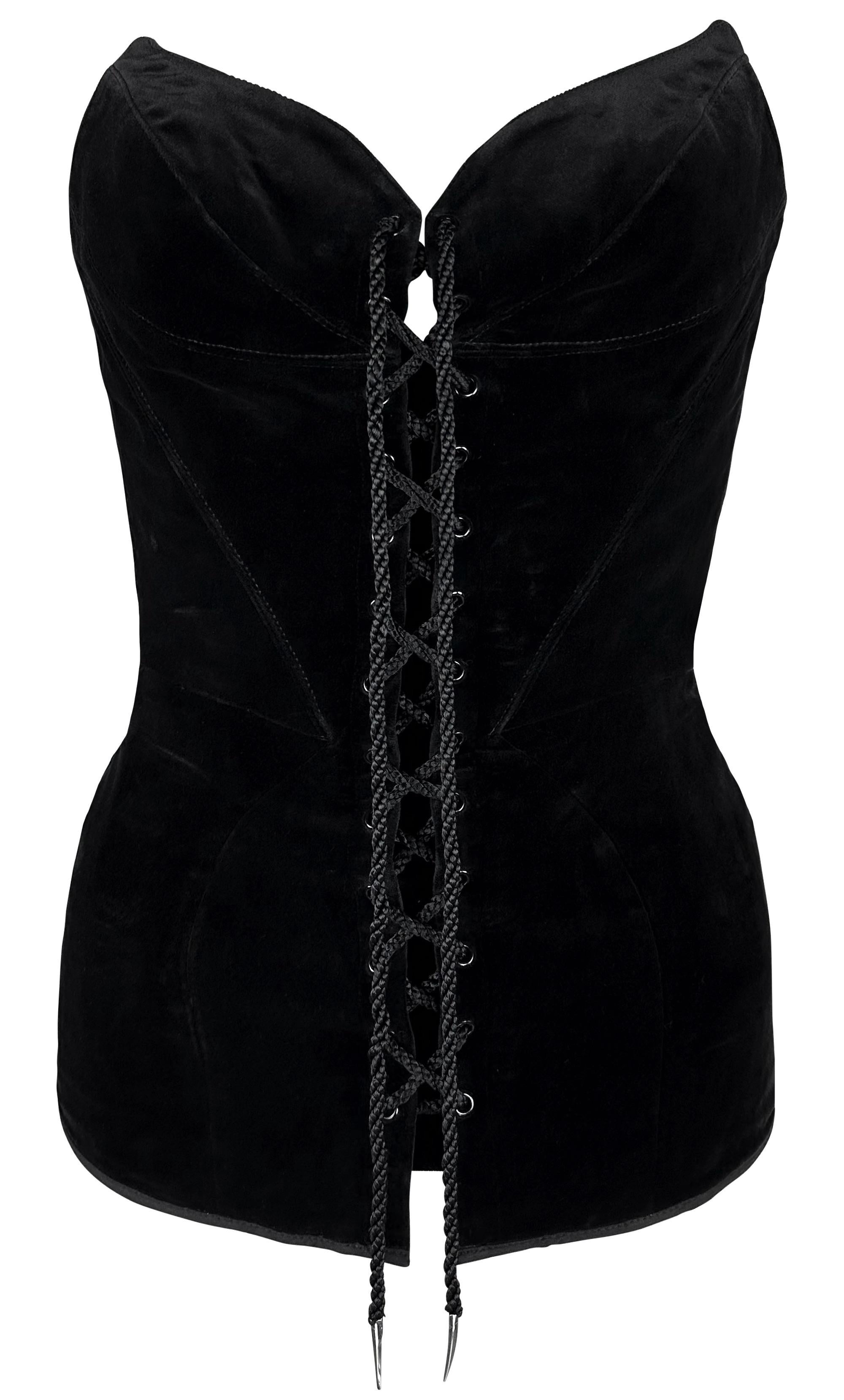 Fin des années 1980 Thierry Mugler Velours Lace-Up Bustier pointu Corset Noir Pour femmes en vente