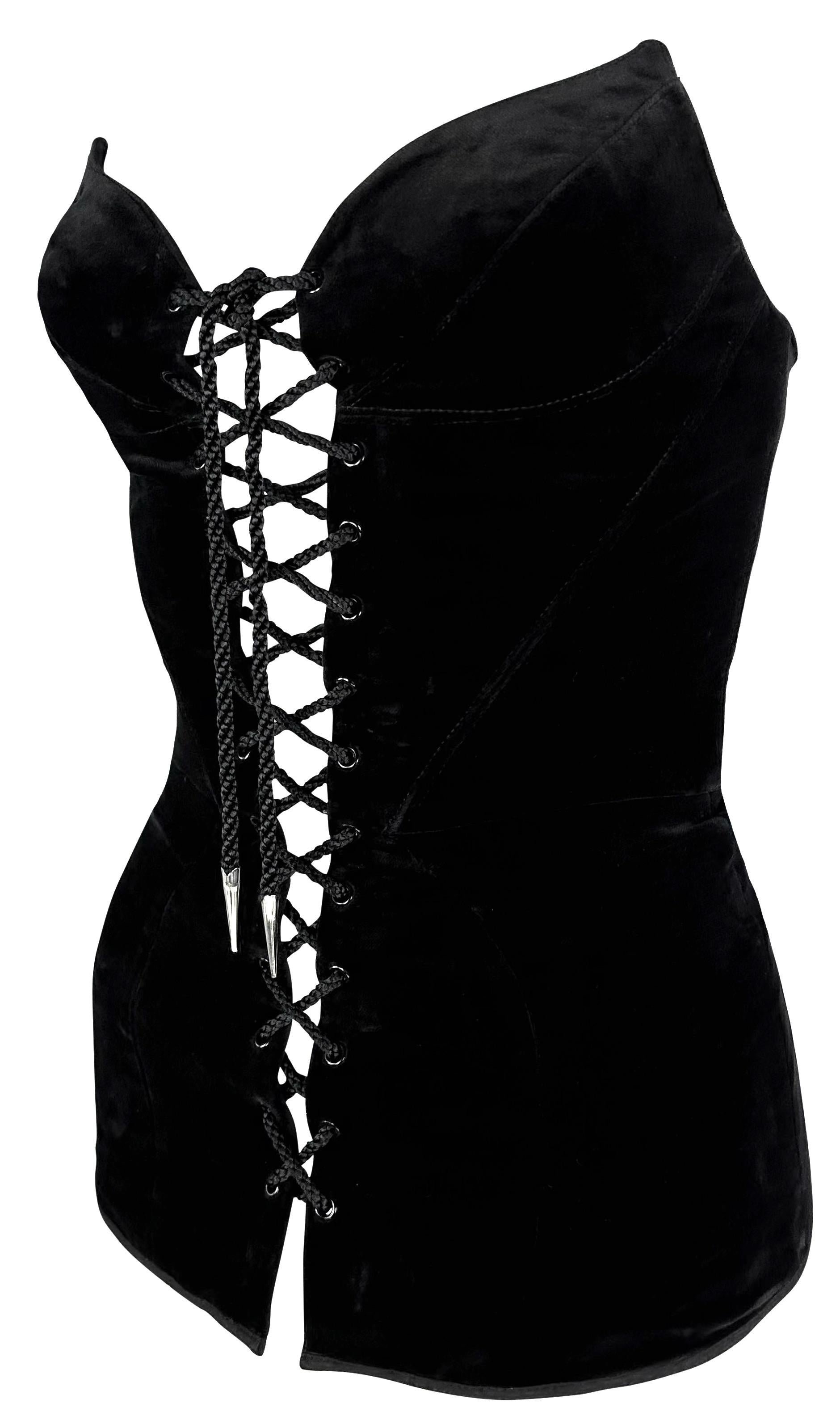 Late 1980s Thierry Mugler Velvet Lace-Up Pointed Strapless Bustier Corset Black For Sale 1