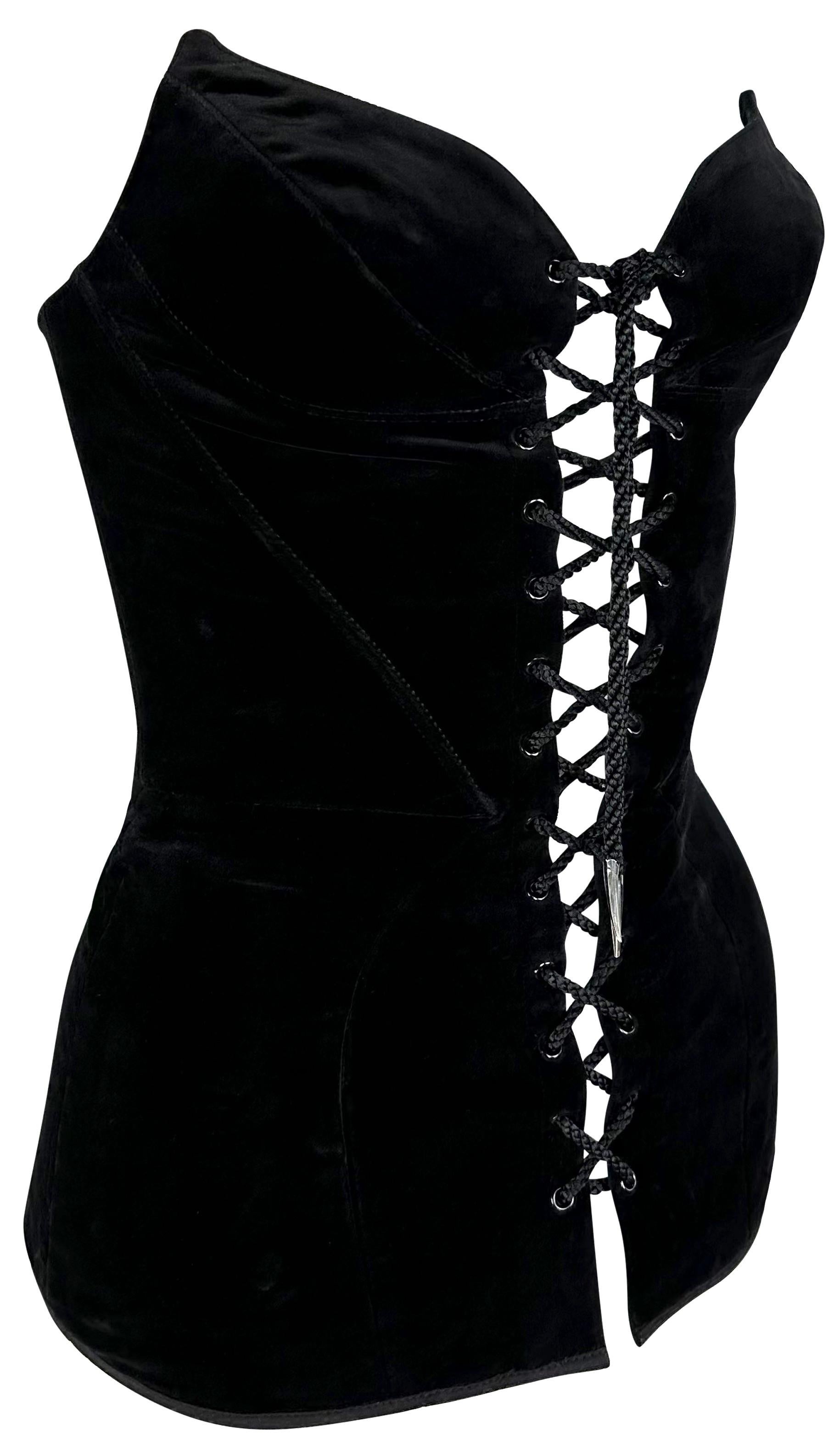 Late 1980s Thierry Mugler Velvet Lace-Up Pointed Strapless Bustier Corset Black For Sale 5