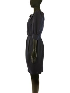 Late 1980s Yves Saint Laurent Couture Navy Dress