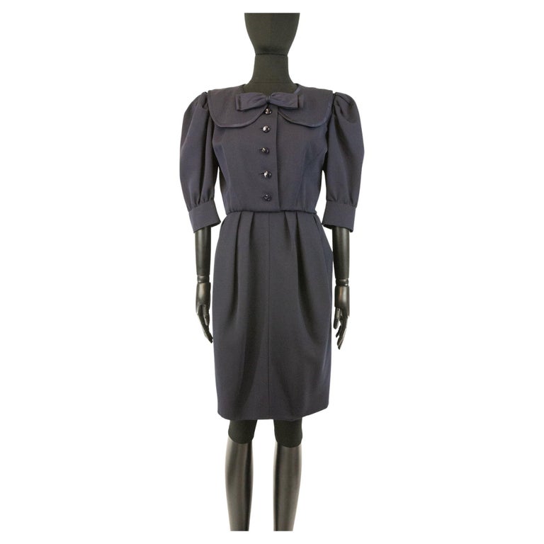 Late 1980s Yves Saint Laurent Couture Navy Dress For Sale